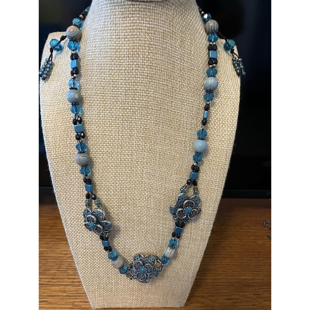 Beaded Necklace Black & Turquoise Boho Southwest 22"+extenders